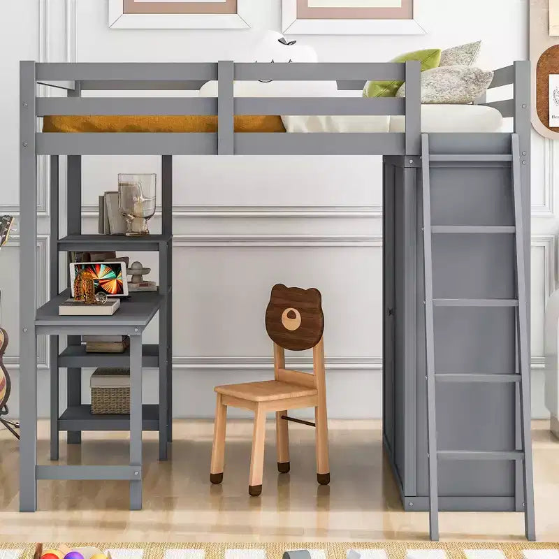 Letto a soppalco full size per bambini con armadio e scrivania, struttura a soppalco alta full in legno con mensole portaoggetti