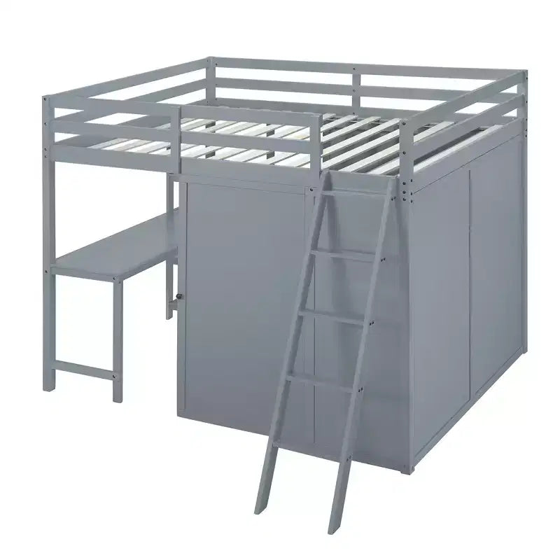 Letto a soppalco full size per bambini con armadio e scrivania, struttura a soppalco alta full in legno con mensole portaoggetti