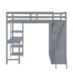 Letto a soppalco full size per bambini con armadio e scrivania, struttura a soppalco alta full in legno con mensole portaoggetti