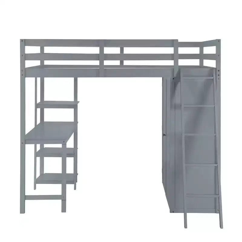 Letto a soppalco full size per bambini con armadio e scrivania, struttura a soppalco alta full in legno con mensole portaoggetti