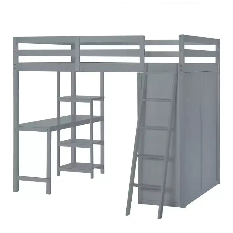 Letto a soppalco full size per bambini con armadio e scrivania, struttura a soppalco alta full in legno con mensole portaoggetti
