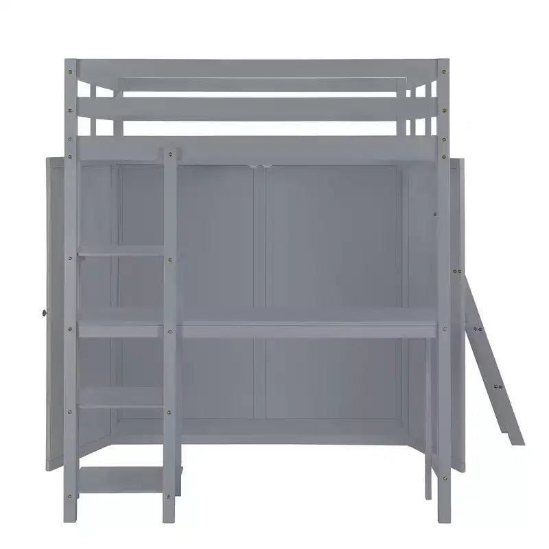 Letto a soppalco full size per bambini con armadio e scrivania, struttura a soppalco alta full in legno con mensole portaoggetti