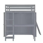Letto a soppalco full size per bambini con armadio e scrivania, struttura a soppalco alta full in legno con mensole portaoggetti