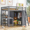 Full Size Loft Bed with Wardrobe and Desk for Kids, Wood High Full Loft Bed Frame with Storage Shelves