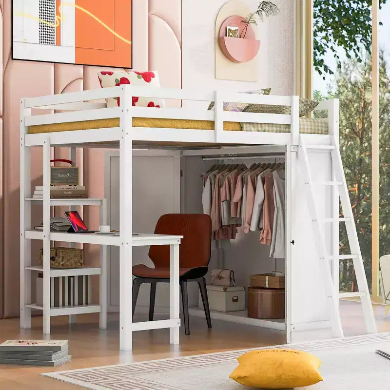 Letto a soppalco full size per bambini con armadio e scrivania, struttura a soppalco alta full in legno con mensole portaoggetti