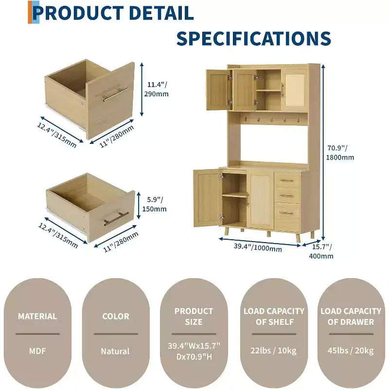 CuisinSmart Mobile bar in rattan alto 180 cm, Credenza da cucina in legno con 6 ganci, 3 cassetti e 5 ante, Mobile dispensa rustico per sala da pranzo
