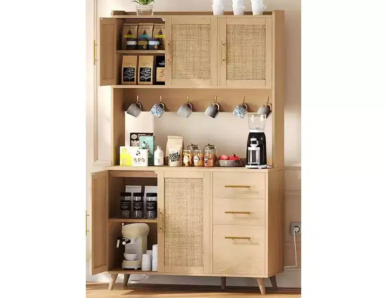 CuisinSmart Mobile bar in rattan alto 180 cm, Credenza da cucina in legno con 6 ganci, 3 cassetti e 5 ante, Mobile dispensa rustico per sala da pranzo
