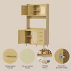 CuisinSmart Mobile bar in rattan alto 180 cm, Credenza da cucina in legno con 6 ganci, 3 cassetti e 5 ante, Mobile dispensa rustico per sala da pranzo