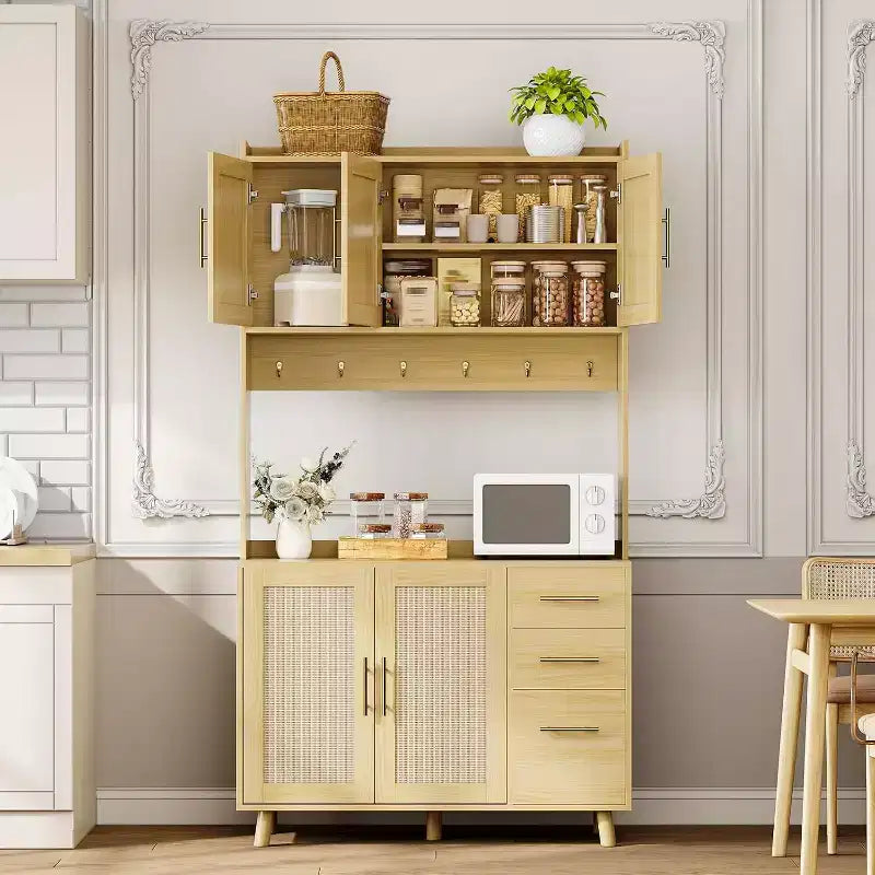 CuisinSmart Mobile bar in rattan alto 180 cm, Credenza da cucina in legno con 6 ganci, 3 cassetti e 5 ante, Mobile dispensa rustico per sala da pranzo
