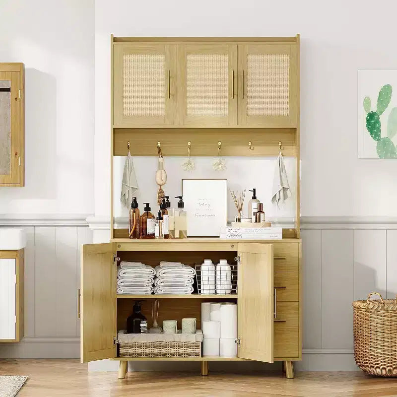 CuisinSmart Mobile bar in rattan alto 180 cm, Credenza da cucina in legno con 6 ganci, 3 cassetti e 5 ante, Mobile dispensa rustico per sala da pranzo