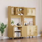 CuisinSmart Mobile bar in rattan alto 180 cm, Credenza da cucina in legno con 6 ganci, 3 cassetti e 5 ante, Mobile dispensa rustico per sala da pranzo