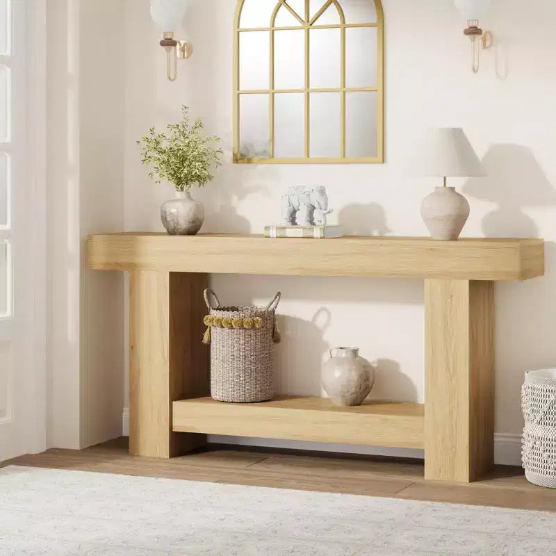 Coolmee Tavolino Consolle da 160 cm, Tavolino Consolle in Stile Rustico per Soggiorno, Tavolino da Divano a 2 Livelli con Ripiano, Tavolino da Ingresso in Legno