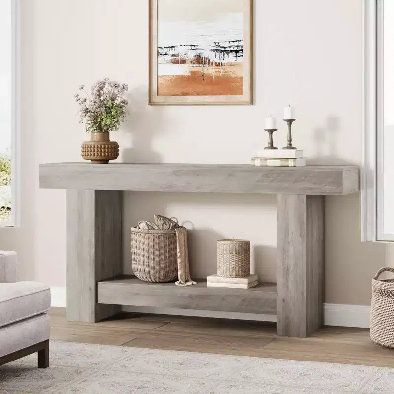 Coolmee Tavolino Consolle da 160 cm, Tavolino Consolle in Stile Rustico per Soggiorno, Tavolino da Divano a 2 Livelli con Ripiano, Tavolino da Ingresso in Legno