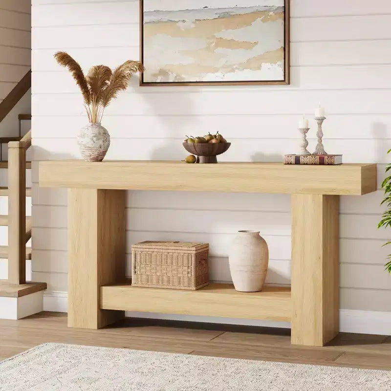 Coolmee Tavolino Consolle da 160 cm, Tavolino Consolle in Stile Rustico per Soggiorno, Tavolino da Divano a 2 Livelli con Ripiano, Tavolino da Ingresso in Legno