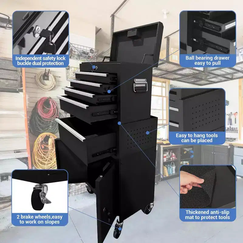 Cassetta degli attrezzi con rotelle e bauletto superiore staccabile, carrello portautensili a 5 cassetti con 4 ruote, resistente alla ruggine per officina e garage