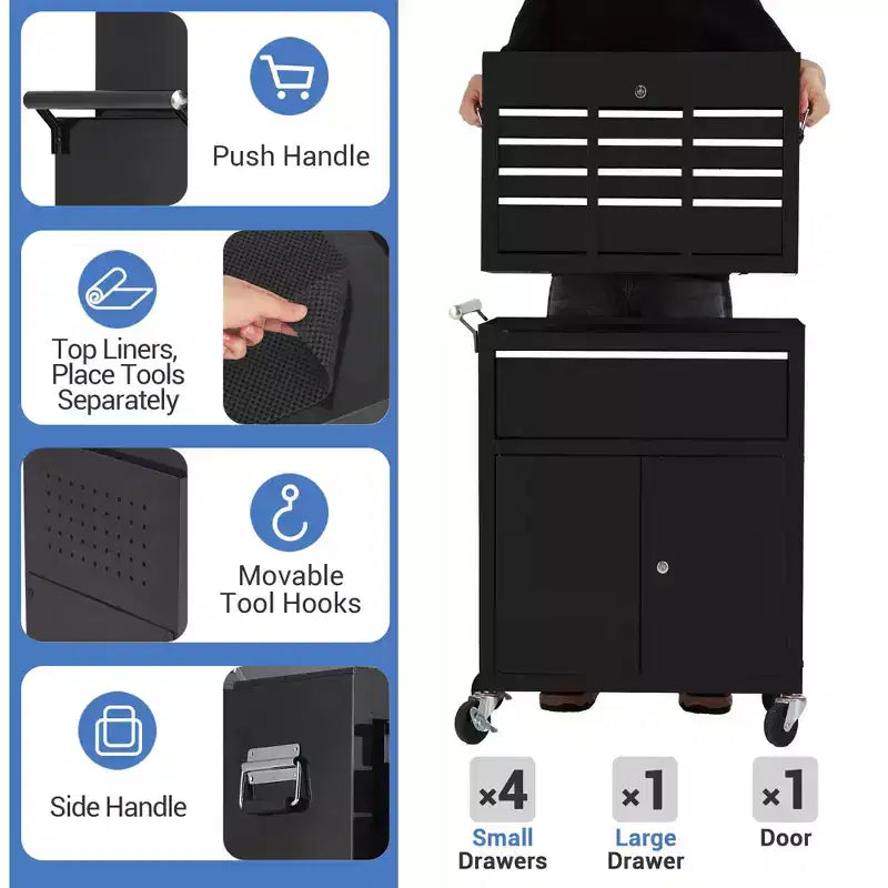 Cassetta degli attrezzi con rotelle e bauletto superiore staccabile, carrello portautensili a 5 cassetti con 4 ruote, resistente alla ruggine per officina e garage