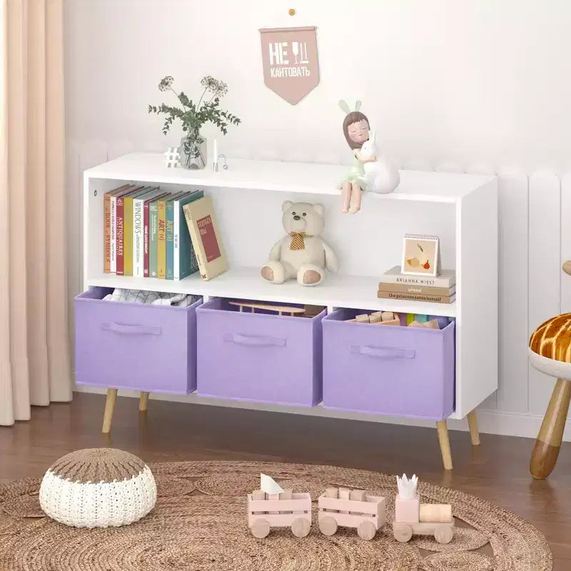 Libreria per bambini con cassetti in tessuto pieghevoli, espositore per libri per bambini, mobile contenitore per giocattoli, bianco/viola