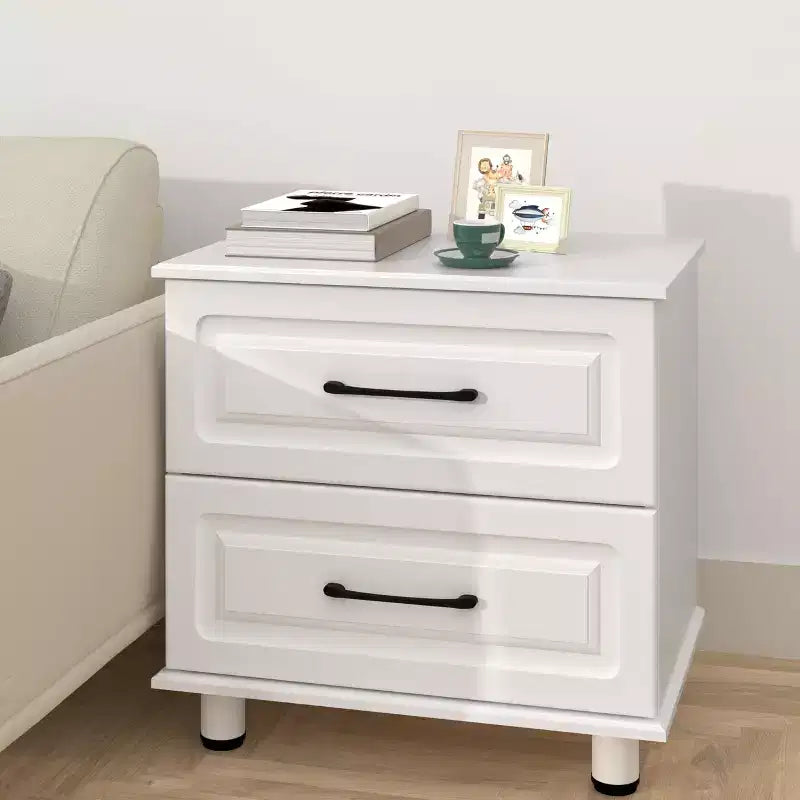 Sandinrayli Comodino Bianco con 2 Cassetti, Cassettiera Piccola per Camera da Letto Armadio Cassetti in Legno con Maniglie in Acciaio, Bianco