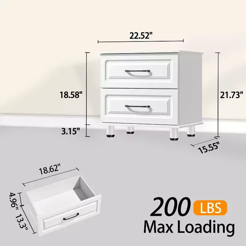 Sandinrayli Comodino Bianco con 2 Cassetti, Cassettiera Piccola per Camera da Letto Armadio Cassetti in Legno con Maniglie in Acciaio, Bianco