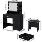 Acekool Tavolo da trucco nero con specchio, luci, cassetti, ripiani, sgabello imbottito, mobile contenitore, cassettiera da camera da letto