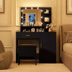 Acekool Tavolo da trucco nero con specchio, luci, cassetti, ripiani, sgabello imbottito, mobile contenitore, cassettiera da camera da letto