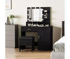 Acekool Tavolo da trucco nero con specchio, luci, cassetti, ripiani, sgabello imbottito, mobile contenitore, cassettiera da camera da letto