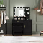 Acekool Tavolo da trucco nero con specchio, luci, cassetti, ripiani, sgabello imbottito, mobile contenitore, cassettiera da camera da letto