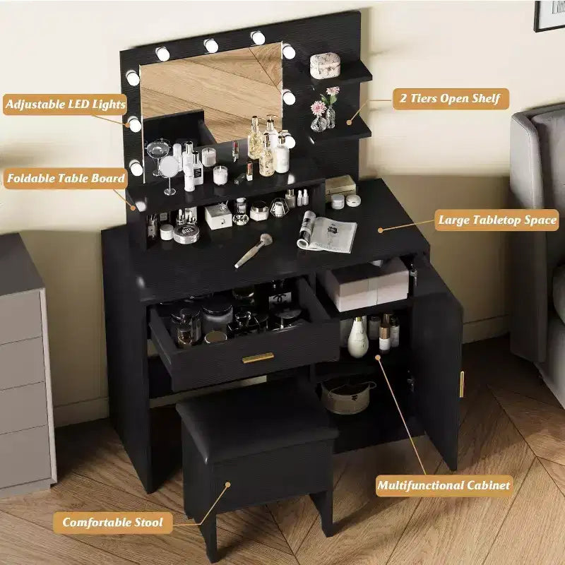 Acekool Tavolo da trucco nero con specchio, luci, cassetti, ripiani, sgabello imbottito, mobile contenitore, cassettiera da camera da letto