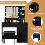 Acekool Tavolo da trucco nero con specchio, luci, cassetti, ripiani, sgabello imbottito, mobile contenitore, cassettiera da camera da letto