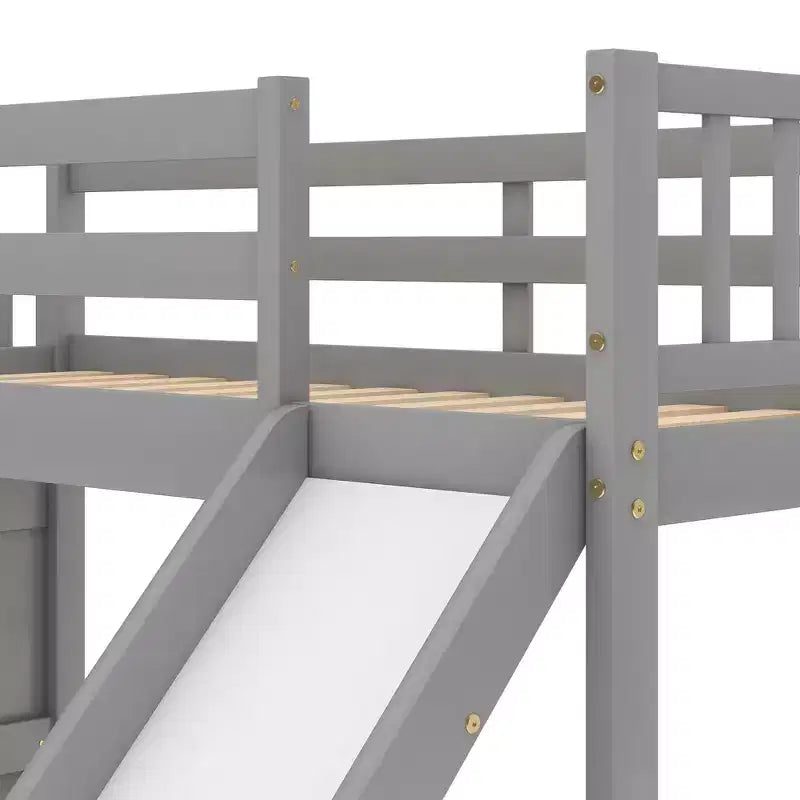 Letto a Castello in Legno Massello Gemello su Gemello con Scivolo Convertibile e Scala, Letto a Castello Basso con Spazio Contenitore