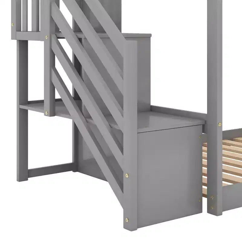 Letto a Castello in Legno Massello Gemello su Gemello con Scivolo Convertibile e Scala, Letto a Castello Basso con Spazio Contenitore
