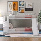 Letto a Castello in Legno Massello Gemello su Gemello con Scivolo Convertibile e Scala, Letto a Castello Basso con Spazio Contenitore