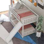 Letto a Castello in Legno Massello Gemello su Gemello con Scivolo Convertibile e Scala, Letto a Castello Basso con Spazio Contenitore