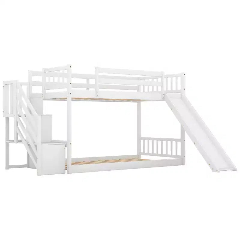 Letto a Castello in Legno Massello Gemello su Gemello con Scivolo Convertibile e Scala, Letto a Castello Basso con Spazio Contenitore