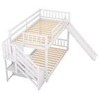 Letto a Castello in Legno Massello Gemello su Gemello con Scivolo Convertibile e Scala, Letto a Castello Basso con Spazio Contenitore