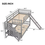 Letto a Castello in Legno Massello Gemello su Gemello con Scivolo Convertibile e Scala, Letto a Castello Basso con Spazio Contenitore