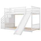 Letto a Castello in Legno Massello Gemello su Gemello con Scivolo Convertibile e Scala, Letto a Castello Basso con Spazio Contenitore