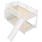 Letto a Castello in Legno Massello Gemello su Gemello con Scivolo Convertibile e Scala, Letto a Castello Basso con Spazio Contenitore