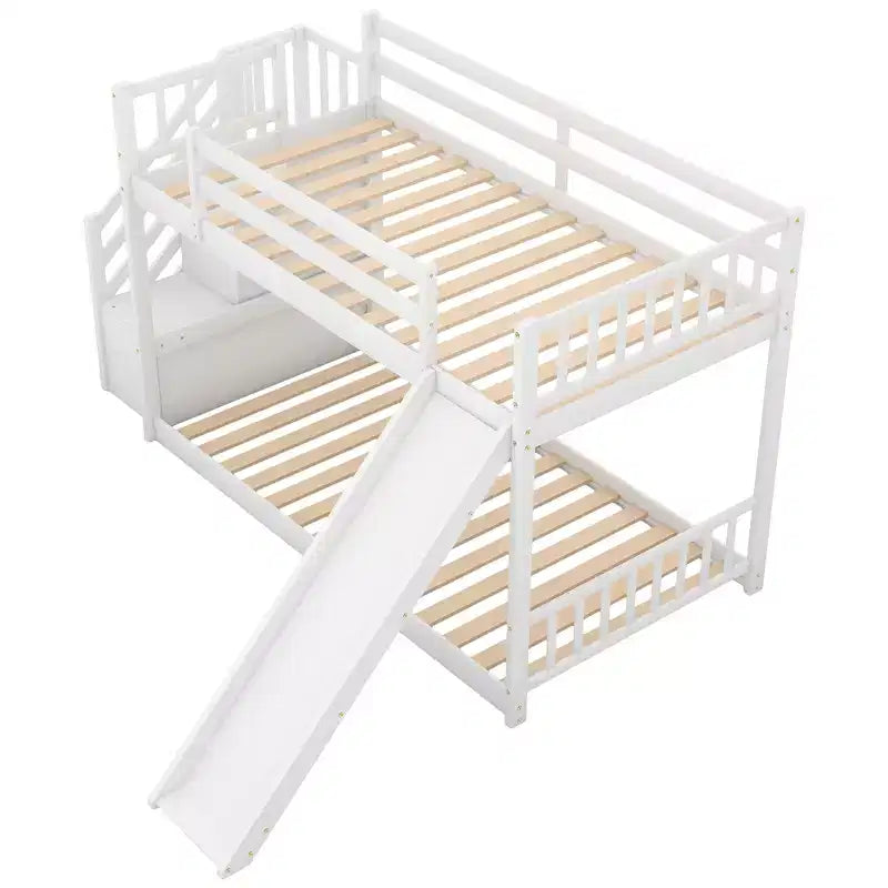 Letto a Castello in Legno Massello Gemello su Gemello con Scivolo Convertibile e Scala, Letto a Castello Basso con Spazio Contenitore