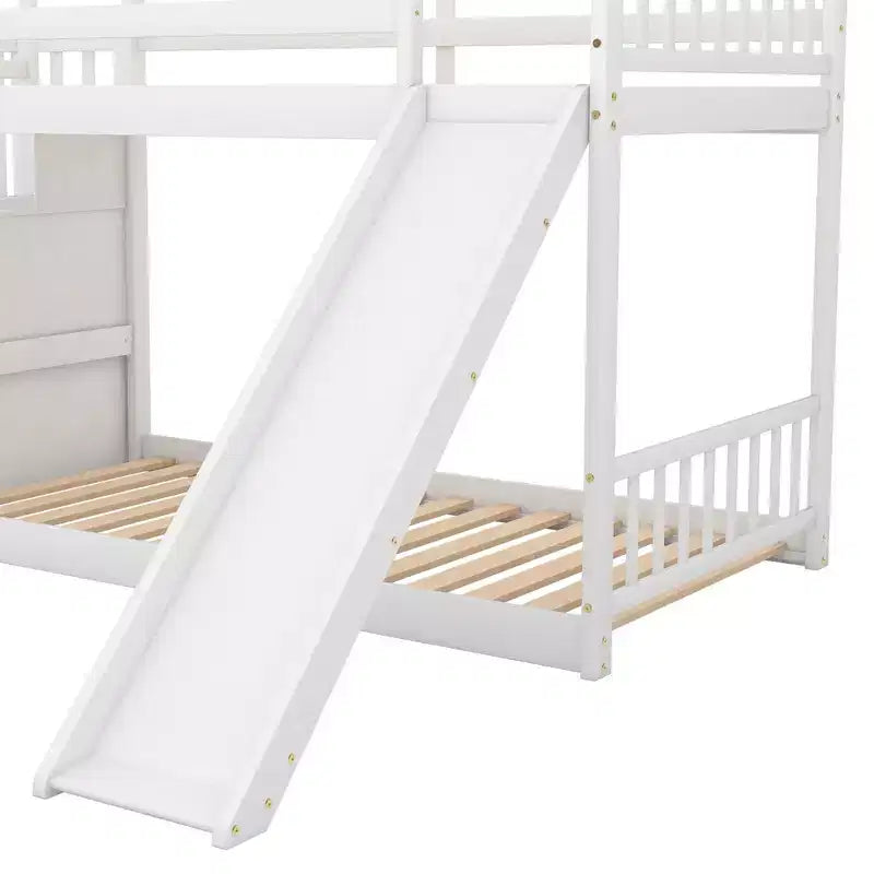 Letto a Castello in Legno Massello Gemello su Gemello con Scivolo Convertibile e Scala, Letto a Castello Basso con Spazio Contenitore
