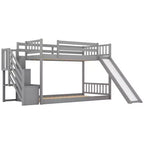 Letto a Castello in Legno Massello Gemello su Gemello con Scivolo Convertibile e Scala, Letto a Castello Basso con Spazio Contenitore