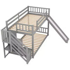 Letto a Castello in Legno Massello Gemello su Gemello con Scivolo Convertibile e Scala, Letto a Castello Basso con Spazio Contenitore