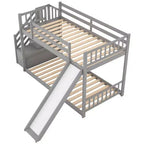 Letto a Castello in Legno Massello Gemello su Gemello con Scivolo Convertibile e Scala, Letto a Castello Basso con Spazio Contenitore