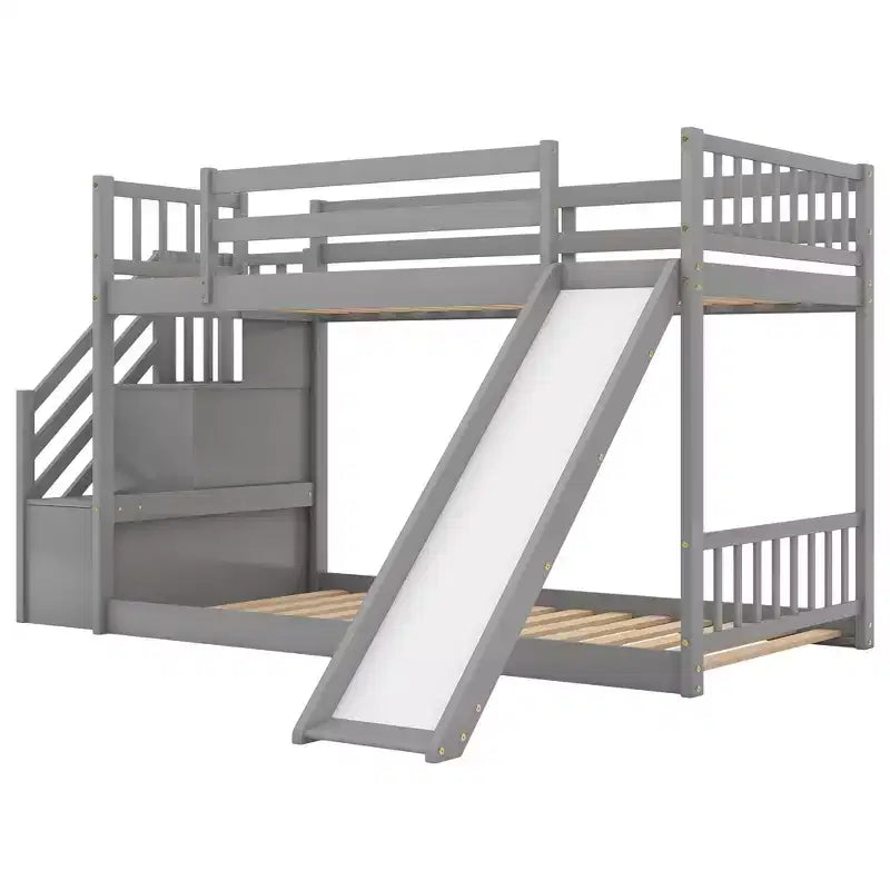 Letto a Castello in Legno Massello Gemello su Gemello con Scivolo Convertibile e Scala, Letto a Castello Basso con Spazio Contenitore