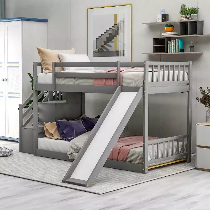 Solid Wood Twin over Twin Bunk Bed with Convertible Slide and Stairway, Low Bunk Bed with Storage Space