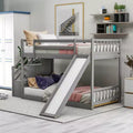 Solid Wood Twin over Twin Bunk Bed with Convertible Slide and Stairway, Low Bunk Bed with Storage Space