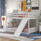 Letto a Castello in Legno Massello Gemello su Gemello con Scivolo Convertibile e Scala, Letto a Castello Basso con Spazio Contenitore