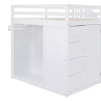 Letto a soppalco intero in pile orsetto con mensola portaoggetti e cassetti, letto a soppalco alto in legno con scrivania versatile per camera da letto