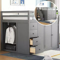 Teddy Fleece Full Size Loft Bed with Storage Shelf and Drawers, Wooden High Loft Bed with Versatile Desk for Bedroom