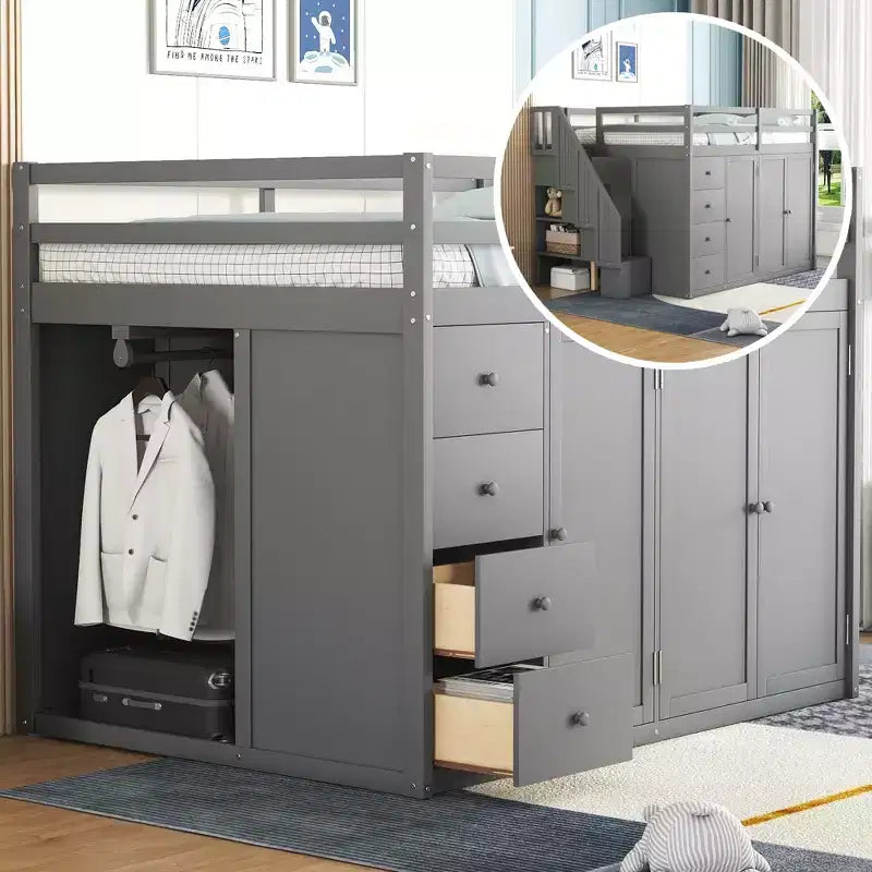 Teddy Fleece Full Size Loft Bed with Storage Shelf and Drawers, Wooden High Loft Bed with Versatile Desk for Bedroom